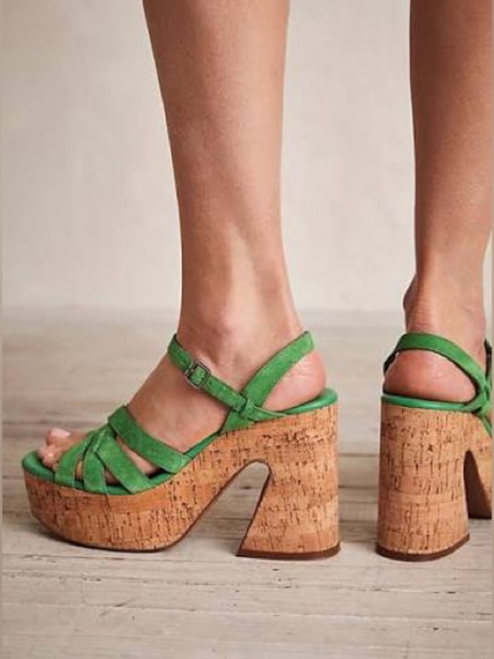 Free People Lisbon Green Suede Cork Platform Sandals wedges